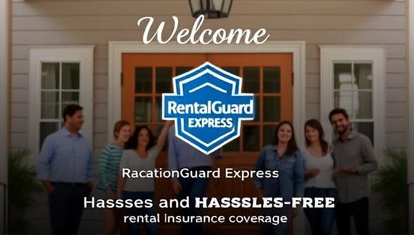 An inviting vacation rental setting with a welcome sign featuring the RentalGuard Express logo, surrounded by happy guests and a host, symbolizing secure and hassle-free rental insurance coverage.