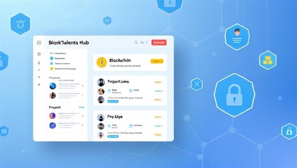 An innovative visual representation of the BlockTalents Hub platform interface, showcasing blockchain verification features, freelancer profiles, project listings, and secure payment options, symbolizing a transparent and efficient freelance marketplace powered by blockchain technology.