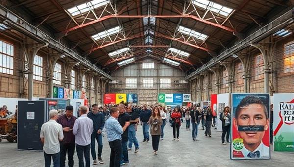 An abandoned warehouse transformed into a vibrant gallery space with colorful and creative advertisements adorning the walls, attracting a diverse crowd of visitors and art enthusiasts, highlighting the fusion of art and advertising.