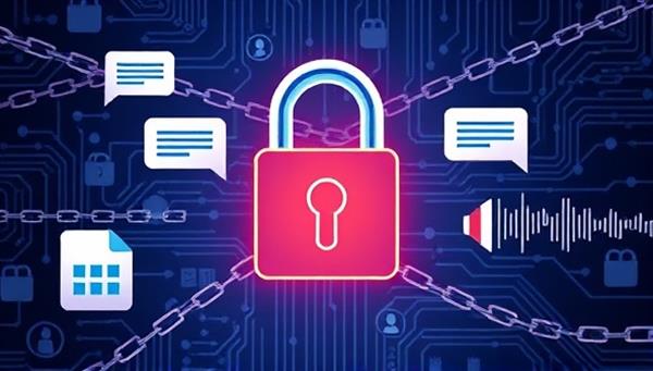 An illustration of a digital lock symbolizing secure communication, with blockchain chains wrapping around messaging bubbles, files, and voice waves, conveying the concept of encrypted and tamper-proof communication provided by BlockSafe Comm.