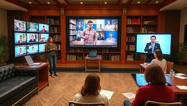 A digital writing retreat setting with multiple screens displaying interactive workshops, a virtual library backdrop, and participants engaged in lively discussions and writing exercises, creating a vibrant and inspiring atmosphere for members.