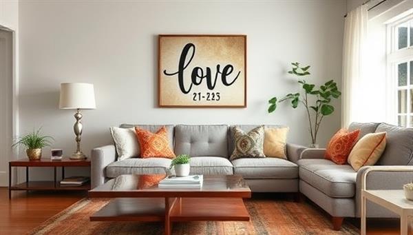 An inviting room setup featuring a personalized wall art piece, a custom-made coffee table, and decorative accents that reflect the homeowner