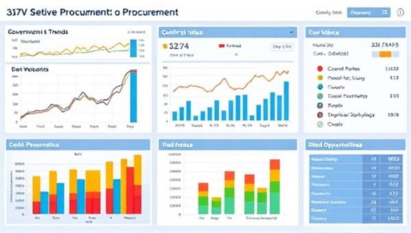 A dynamic data visualization dashboard displaying government procurement trends, contract values, and bidding opportunities in a visually engaging format, symbolizing strategic insights and market foresight in procurement decisions.