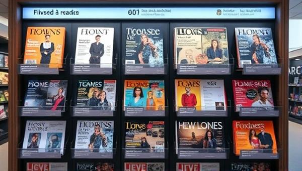 An interactive magazine rack display with digital covers and personalized content suggestions tailored to individual readers, creating a visual representation of the customized and curated digital magazine experience offered by the platform.
