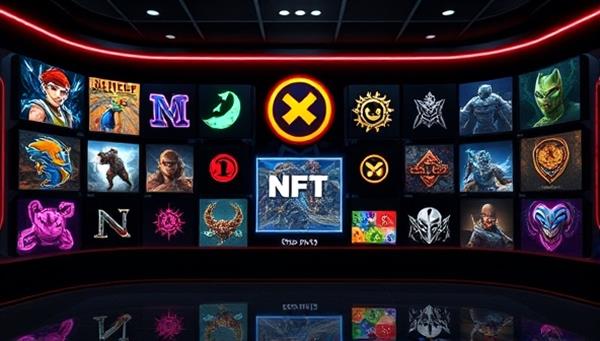 A digital gallery displaying a diverse collection of gaming-themed NFTs, from rare in-game assets to unique artwork and collectibles, presented in a sleek and futuristic interface, emphasizing the digital ownership and value of NFTs traded on PixelToken Exchange.