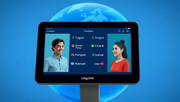 An AI-powered device displaying real-time language translations between multiple users speaking different languages, with a globe in the background showcasing global connectivity and communication facilitated by LingoLink AI.