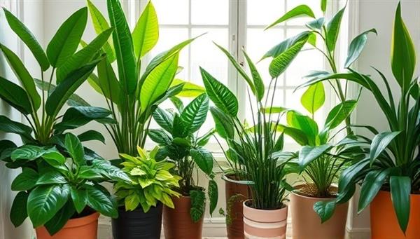 An aesthetically pleasing image of a variety of lush, green houseplants arranged in stylish pots, with a backdrop of a bright and cozy indoor setting, evoking a sense of plant-filled happiness and home decor inspiration.