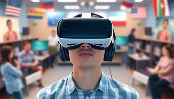 An individual wearing a VR headset, surrounded by virtual language learning environments, interacting with digital characters and practicing conversations in a foreign language, illustrating the immersive and engaging nature of LingoLeap.