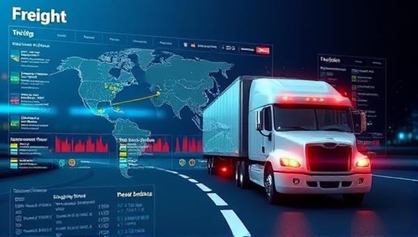 An innovative digital illustration of a virtual freight brokerage platform interface, displaying real-time shipment tracking, carrier matching algorithms, and interactive route optimization tools, illustrating efficiency and modern logistics management.