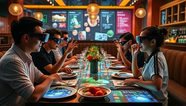 An intriguing image of a restaurant scene with diners wearing AR glasses, interacting with virtual food animations, ingredient information, and immersive visuals projected onto their dining table, creating a futuristic and engaging dining atmosphere blending reality and technology.