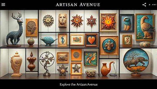 An elegant digital gallery showcasing a diverse collection of handmade art pieces, from intricate sculptures to colorful paintings, with a focus on craftsmanship and creativity, inviting visitors to explore the ArtisanAvenue marketplace.