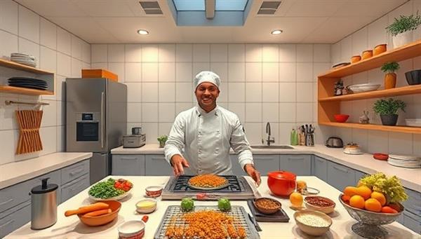 An immersive virtual kitchen setup with a professional chef leading a live cooking class, surrounded by digital cooking ingredients, utensils, and interactive elements for users to follow along and participate in the culinary experience.