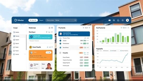A virtual dashboard displaying property management tools such as rent collection, maintenance requests, and financial reports, with a background of residential buildings and happy tenants, illustrating the convenience and efficiency of virtual property management.