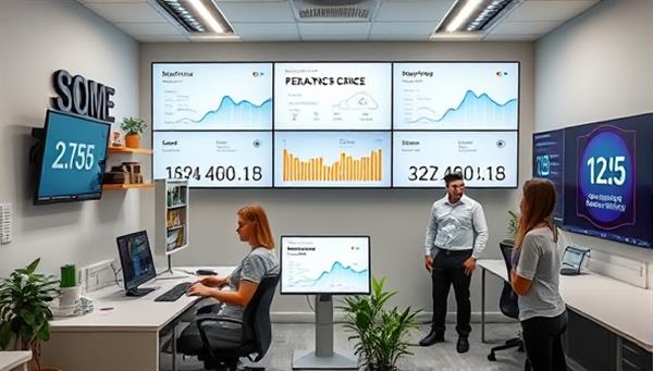 A modern property management office equipped with smart home devices, digital screens displaying property performance data, and staff members assisting tenants and property owners, illustrating the tech-integrated and efficient operations of SmartSpace Management.