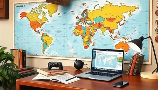 A cozy travel-themed office space with a world map on the wall, travel books on a desk, and a laptop displaying a personalized travel itinerary, evoking a sense of adventure and wanderlust.