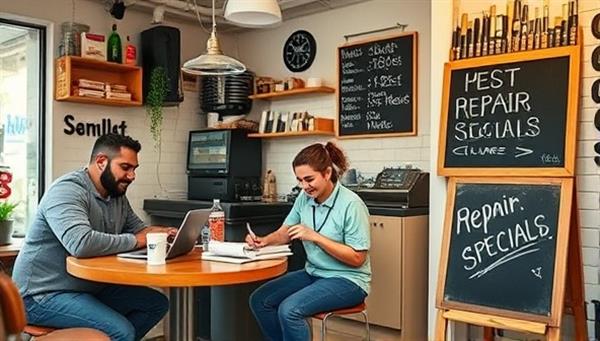 A cozy repair cafe setting with technicians diligently working on fixing various smartphones and devices, a customer happily receiving their repaired phone, and a chalkboard sign displaying the day
