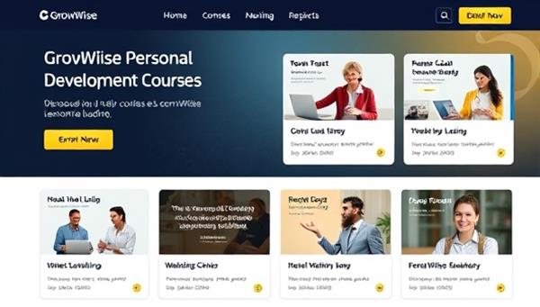 An online learning platform interface showcasing a variety of personal development courses available for enrollment, with engaging visuals, course descriptions, and learner testimonials, conveying a professional and dynamic educational experience at GrowWise Academy.