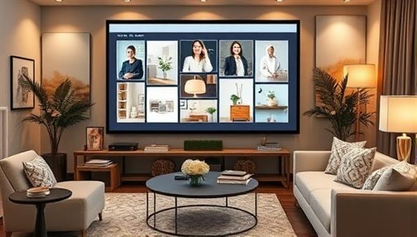An elegant virtual interior design consultation setup with a designer virtually showcasing mood boards and design concepts on a large screen, surrounded by stylish decor samples and a cozy setting, reflecting sophistication and creativity.