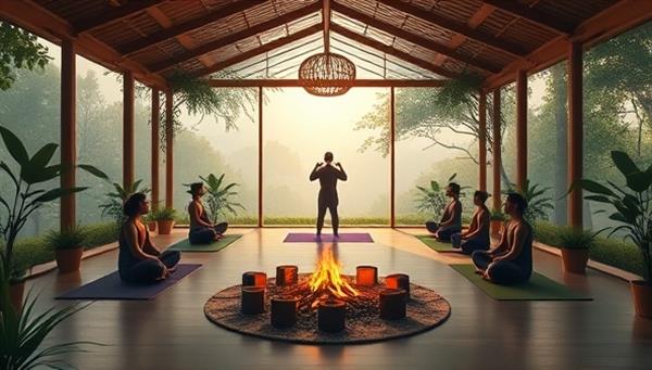 A serene visual of a virtual oasis with a calming yoga studio, tranquil nature sounds, participants in various yoga poses, and a virtual bonfire circle for mindfulness discussions, creating a sense of relaxation and inner peace in a virtual world.