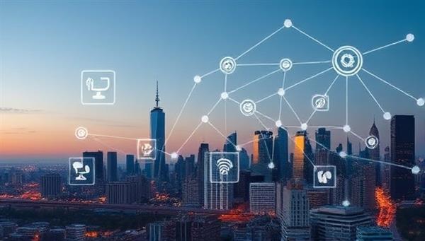 An urban skyline with digital overlays representing various civic tech solutions like smart sensors, data streams, and connectivity lines, illustrating the fusion of technology and urban governance.