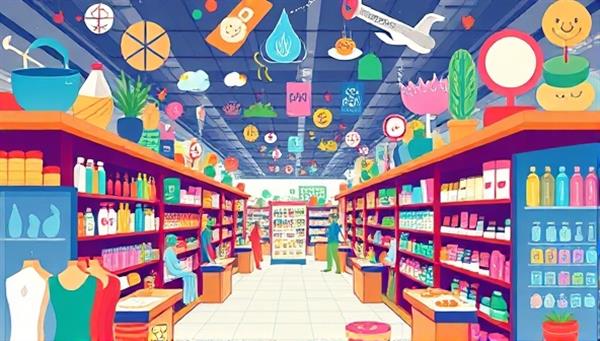 An artistic representation of a digital marketplace filled with colorful icons and illustrations of wellness products, services, and activities, showcasing the diversity and vibrancy of offerings available on WellnessHub, inviting users to explore and engage with the platform.