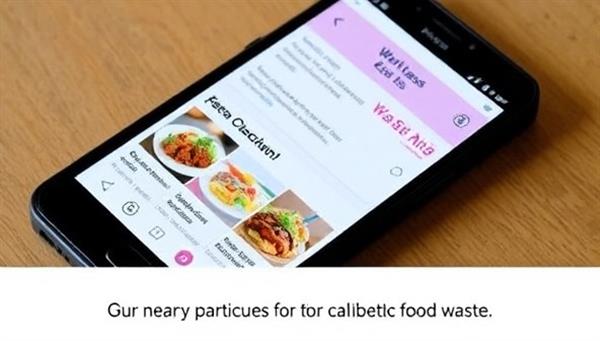 A smartphone screen displaying the WasteLess Eats app interface with vibrant food images, discount offers, and a map feature showing nearby participating establishments, conveying the app