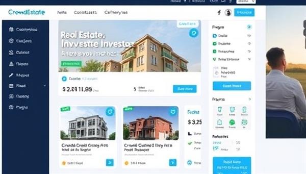 An online platform interface showcasing various real estate investment opportunities on CrowdEstate Invest, with investors browsing projects, analyzing returns, and contributing funds, illustrating the simplicity and accessibility of real estate crowdfunding.
