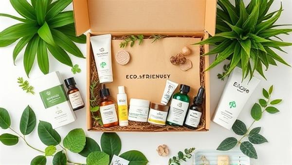 An aesthetically pleasing flat lay of a eco-friendly beauty subscription box, showcasing various sustainable beauty products surrounded by green plants and natural elements, conveying a sense of eco-consciousness and luxury.
