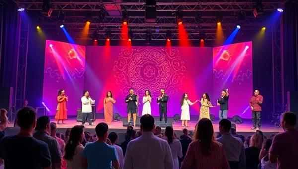 A vibrant digital stage with a mix of performers from different cultures and art forms, engaging with a global audience through a virtual livestream, capturing the essence of diversity and creativity.
