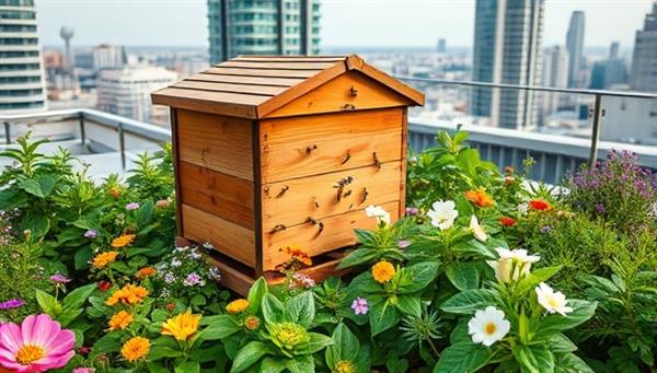 An urban rooftop garden with a vibrant beehive surrounded by colorful flowers and busy bees, symbolizing harmony between nature and urban life.