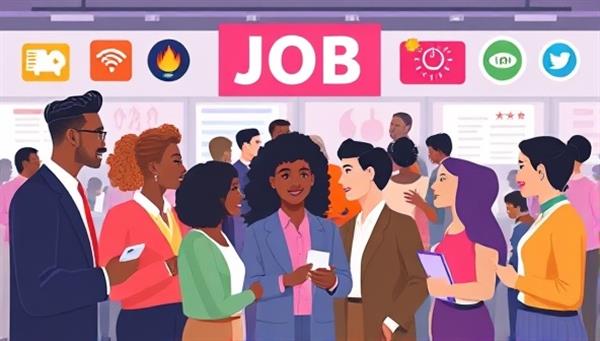 An illustration showcasing a diverse group of professionals with different cultural backgrounds and identities, networking and engaging in a virtual job fair environment, with vibrant colors and inclusive symbols representing unity and equality, reflecting the platform
