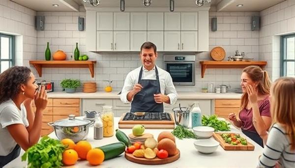 An appetizing visual of a virtual kitchen studio with a professional chef showcasing culinary techniques, fresh ingredients, and cooking equipment, surrounded by enthusiastic participants following along and interacting in a lively and interactive online cooking class at CookCraft Academy.