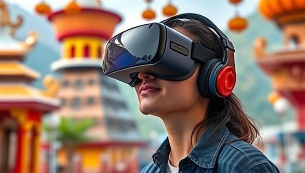 An individual wearing a VR headset exploring a vibrant and culturally rich virtual destination, surrounded by immersive visuals and interactive elements, highlighting the transformative and engaging virtual travel experiences offered by VirtuaExplore.