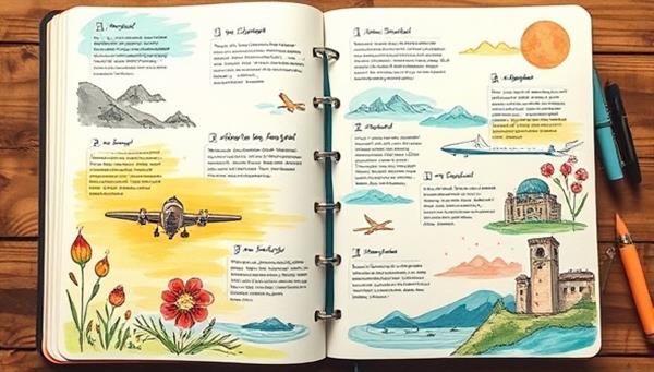 An artistic and serene travel journal spread with hand-drawn illustrations, thoughtful reflections, and vibrant colors, evoking a sense of mindfulness, creativity, and self-exploration inspired by MindfulJourneys Journal.
