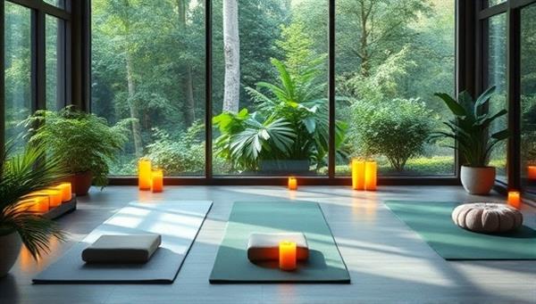 A serene virtual wellness retreat scene showcasing a peaceful digital environment with yoga mats, candles, and meditation cushions, surrounded by lush greenery and calming nature sounds, inviting users to experience a tranquil and rejuvenating online wellness retreat.