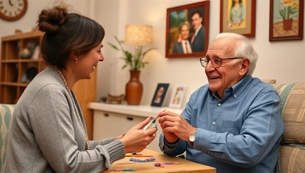 A heartwarming scene of a virtual companion engaging with an elderly individual through a video call, sharing laughter and memories while participating in a virtual art therapy session, surrounded by cheerful decor and nostalgic photographs, evoking feelings of joy and connection.
