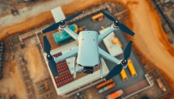 A drone hovering above a construction site, capturing detailed aerial images of the site layout, equipment, and terrain, showcasing the efficiency and precision of drone surveying technology in construction project monitoring and analysis.