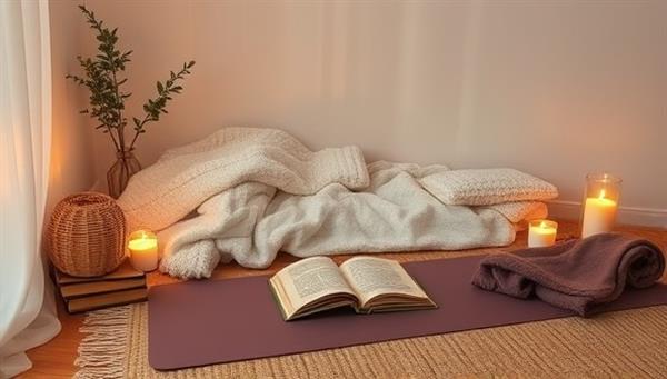 A serene and tranquil setting with a cozy reading nook, soft blankets, scented candles, a yoga mat, and a journal, creating a peaceful ambiance for relaxation and mindfulness practice.