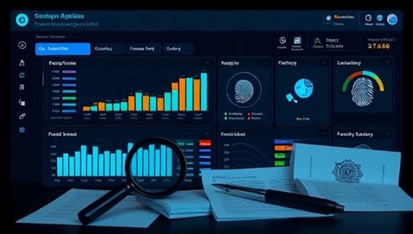 An online dashboard displaying forensic accounting tools and data analysis software, with digital magnifying glasses, fingerprint scans, and legal documents, symbolizing meticulous financial investigation and fraud detection, conveying trust and expertise.