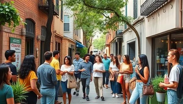 A vibrant neighborhood scene showcasing a diverse group of micro-influencers engaging with local businesses, exchanging products, and creating content together, reflecting the collaborative and community-oriented nature of the business idea.