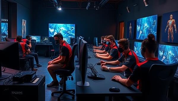 An e-sports training academy setting with coaches mentoring players on gaming strategies, teamwork exercises, and skill drills, surrounded by high-performance gaming rigs and monitors, creating a focused and competitive training environment.