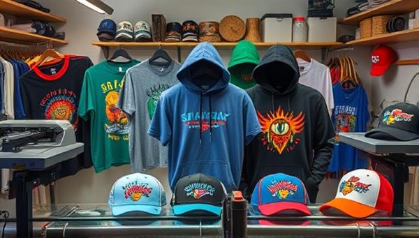 An artistic image featuring a diverse range of customized apparel items like t-shirts, hoodies, and caps with vibrant and eye-catching designs, displayed in a boutique studio setting with printing equipment and design tools, capturing the essence of creativity and personalization in custom apparel crafting.