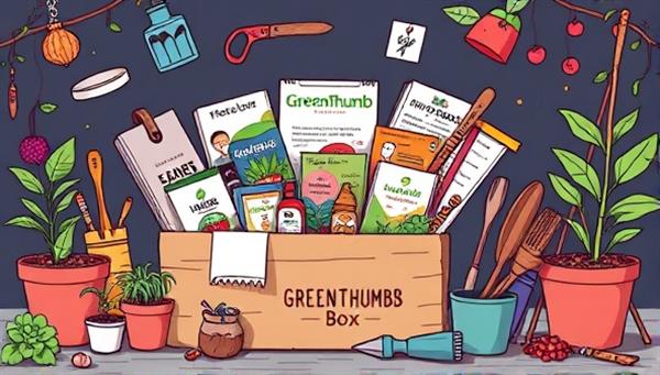 An illustration of a vibrant and diverse subscription box filled with agri-tech gadgets, seeds, educational materials, and gardening tools, inviting viewers to explore the world of urban gardening through GreenThumb Box.