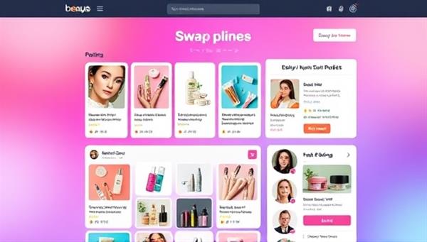 A vibrant online beauty swap platform interface showcasing a diverse range of beauty products available for swapping, featuring user profiles, product images, and swap ratings, reflecting a lively and interactive beauty community exchange hub.