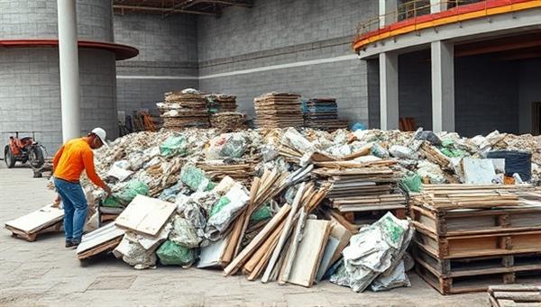 A construction site with workers sorting and recycling various materials, emphasizing the process of sustainable construction waste management.