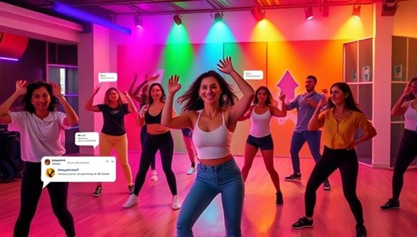 An energetic and dynamic image of a virtual dance fitness class in session, with an instructor leading participants in a high-energy routine, vibrant music playing in the background, and virtual chat bubbles showing participants cheering and encouraging each other, creating a lively and inclusive dance fitness atmosphere.