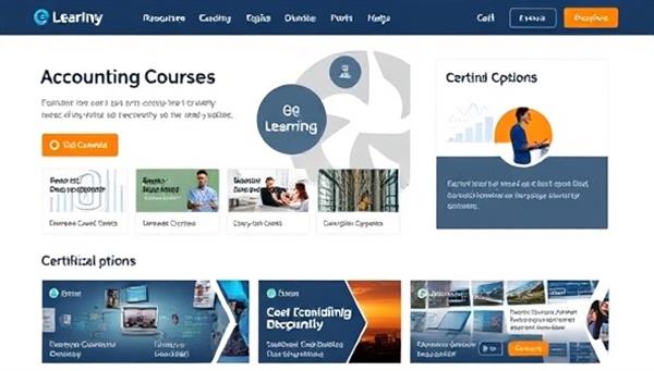 An e-learning platform interface showcasing a variety of accounting courses, interactive lessons, and certification options, illustrating the platform
