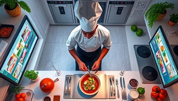 An immersive digital kitchen setup with a top-down view of a chef preparing a gourmet dish, surrounded by fresh ingredients, cooking utensils, and digital displays showcasing step-by-step cooking instructions, creating a virtual culinary experience that stimulates the senses and inspires culinary creativity.