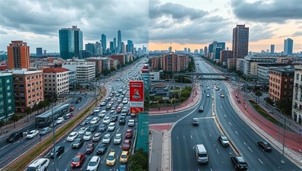 An engaging visual of a cityscape split into two halves, one showing chaotic traffic congestion and the other depicting smooth-flowing traffic managed by TrafficFlow Virtual, highlighting the transformative impact of smart traffic management on urban environments.