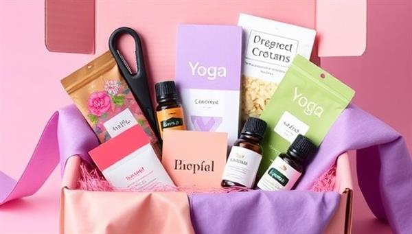 An aesthetically pleasing wellness subscription box filled with vibrant products such as essential oils, yoga accessories, organic snacks, and motivational wellness cards, creating a visual delight and a sense of anticipation for self-care and holistic well-being.